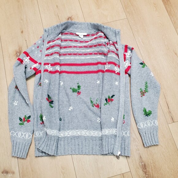 Vintage Dress Barn Womens Sweater Cardigan Size L Ugly Christmas Embroidered Zip - Picture 3 of 12